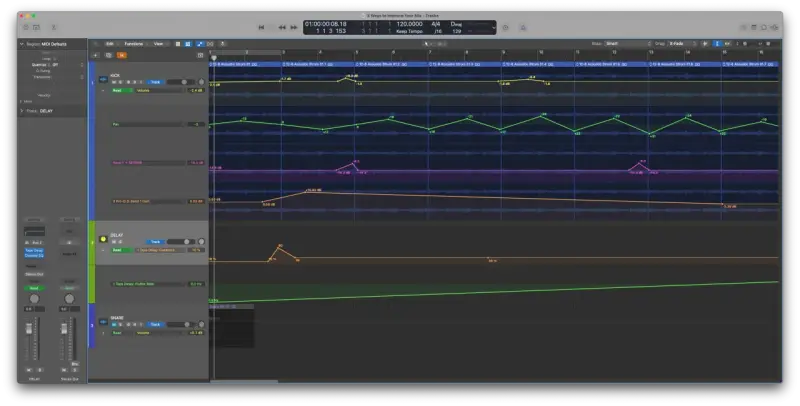 Vue d'un logiciel de production musicale. Une piste de delay est configurée avec une side chain, visible dans les réglages.