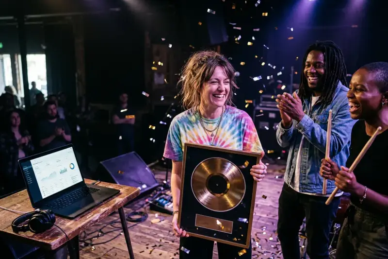 Une artiste souriante reçoit un disque d'or, entourée de musiciens applaudissant. Des confettis tombent, célébrant leur succès à créer un son unique.