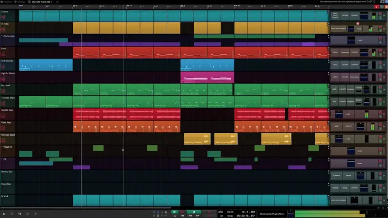 Tableau d'une station de travail audio numérique, montrant des pistes pour la **mao musique** : batterie, basse, synthés et effets.